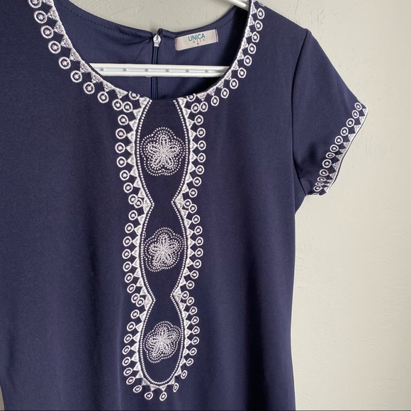 UNICA HIJA Navy Blue Dress Mandala Embroidered Design Short Sleeves - Picture 5 of 11